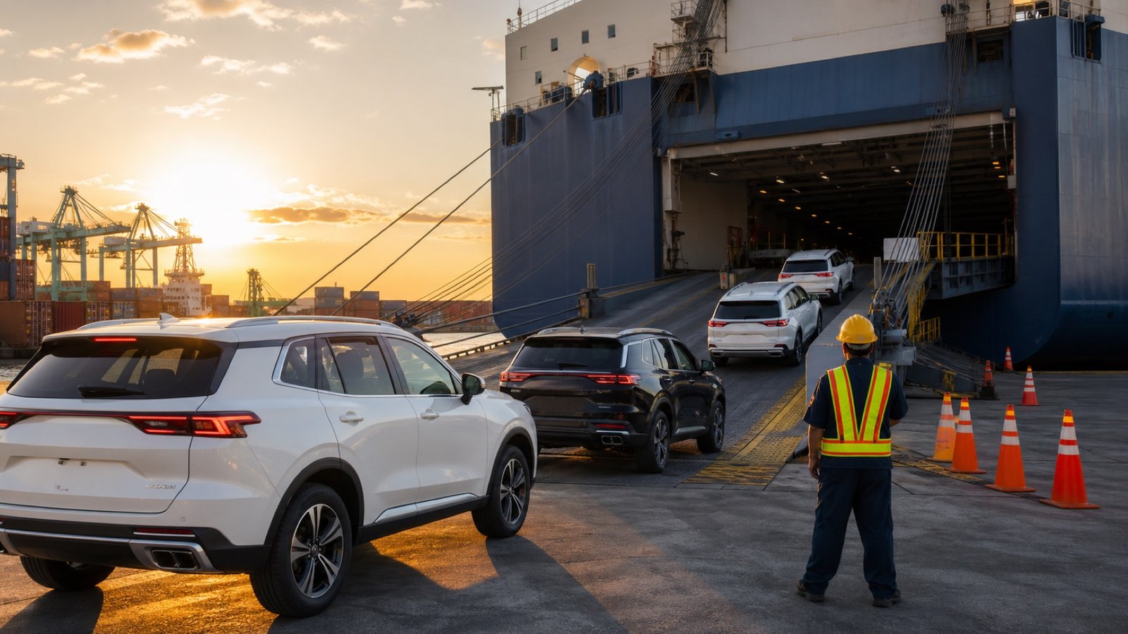 Vehicles being organized for safe international export shipping