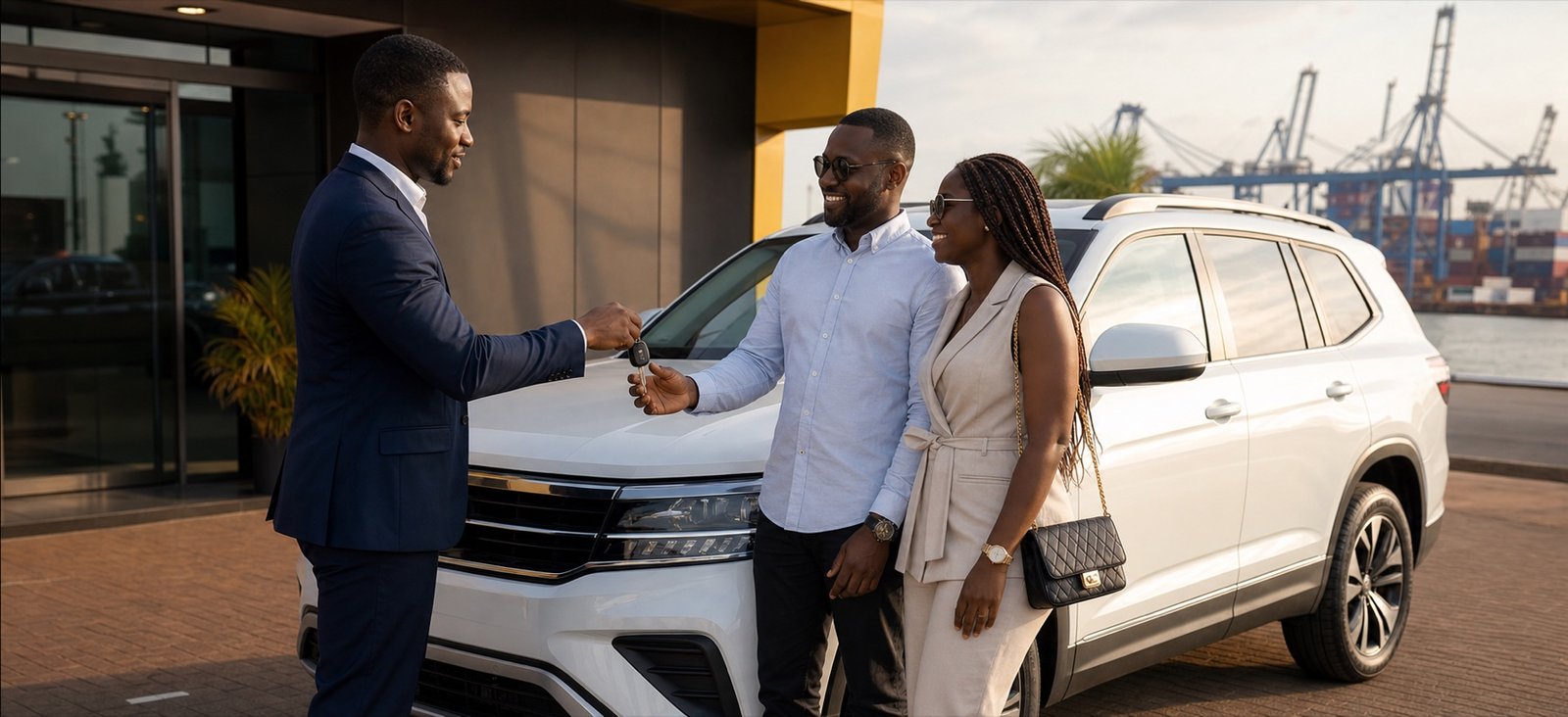 Satisfied customers receiving their sourced vehicle in Ghana
