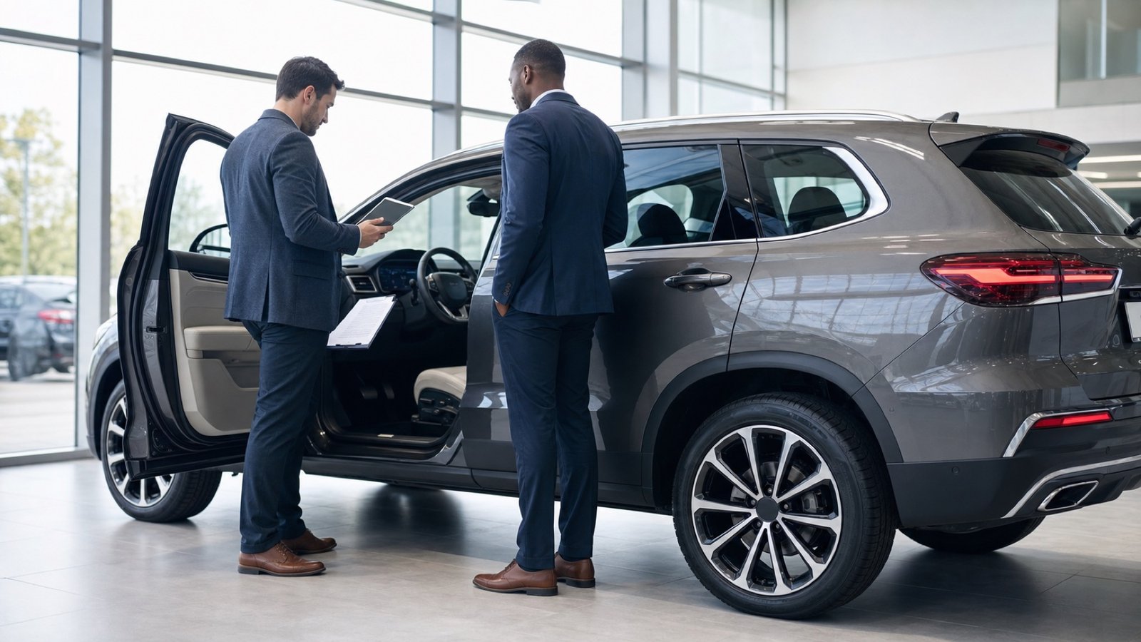 A vehicle specialist and customer reviewing a modern SUV with a tablet and inspection checklist