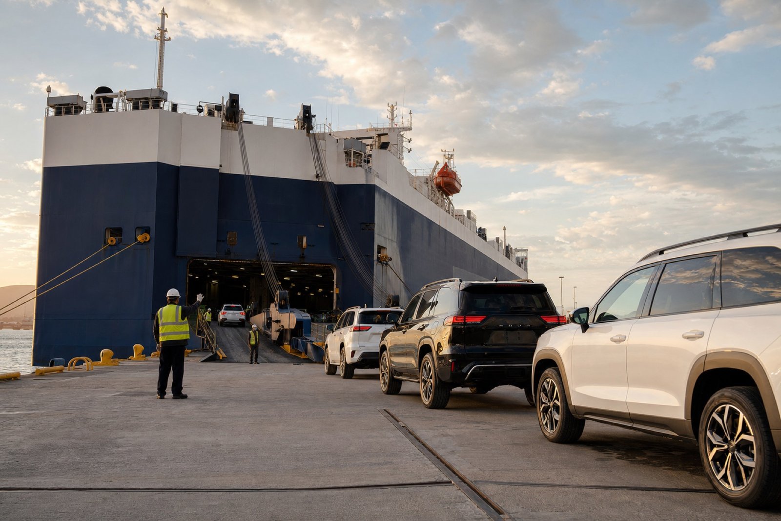 Modern SUVs being professionally guided onto a roll-on roll-off cargo ship