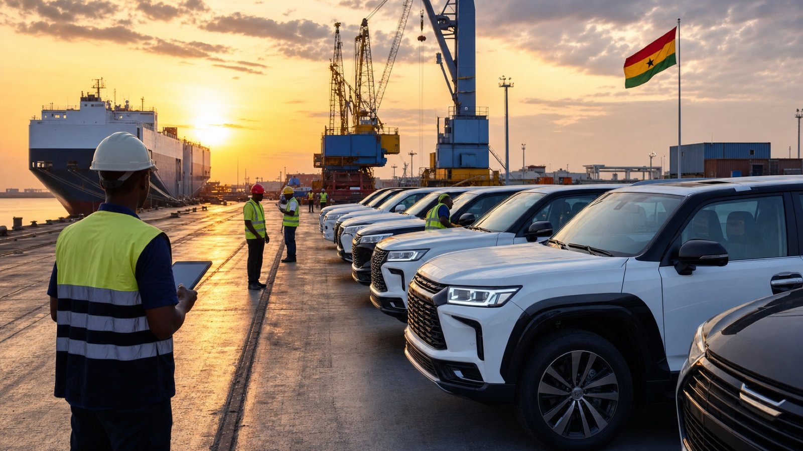 International vehicle logistics arriving at Tema Port in Ghana